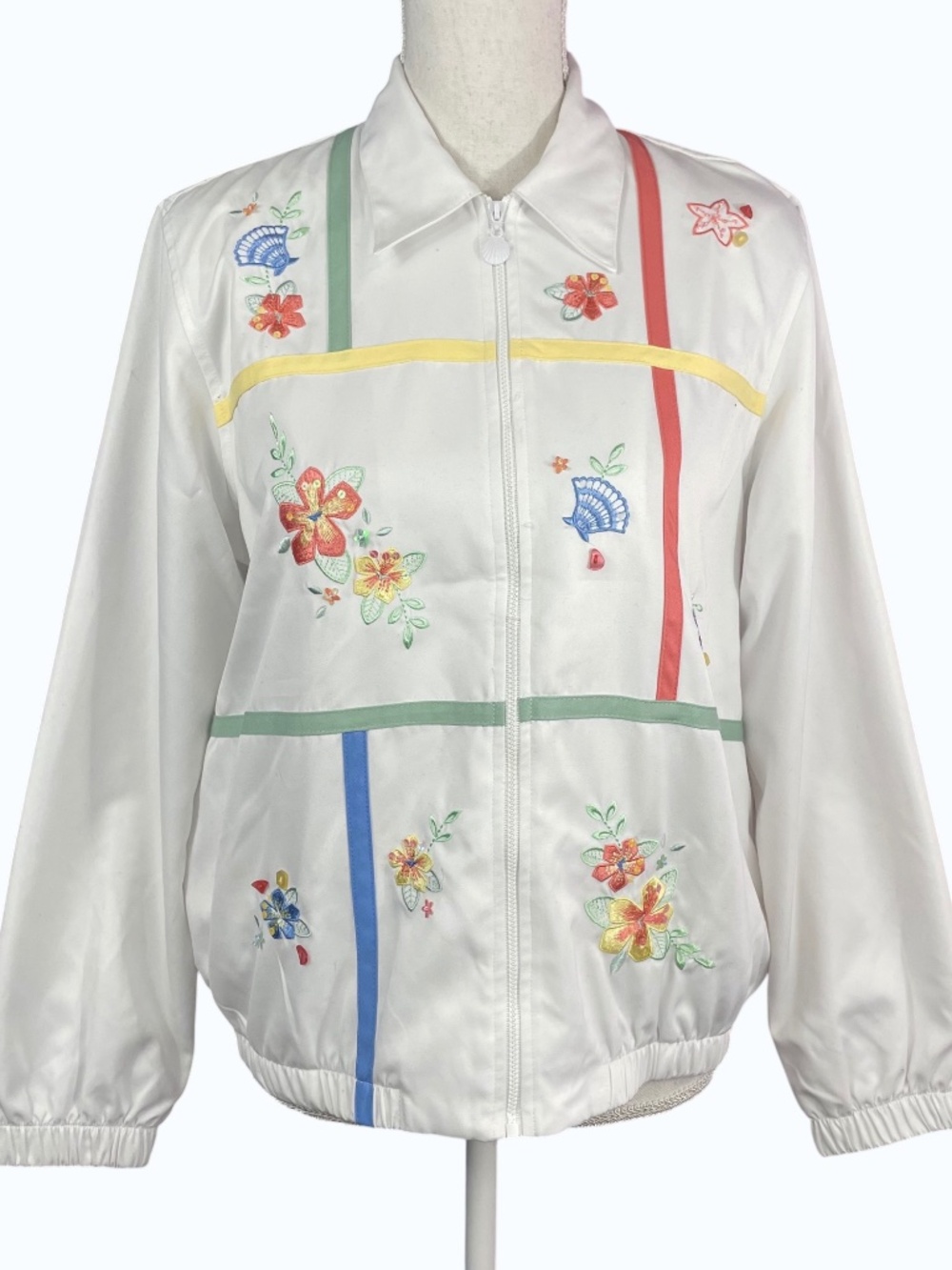 Seashell Embroidered Jacket 10P Floral Beaded Patchwork Full Zip Collared White